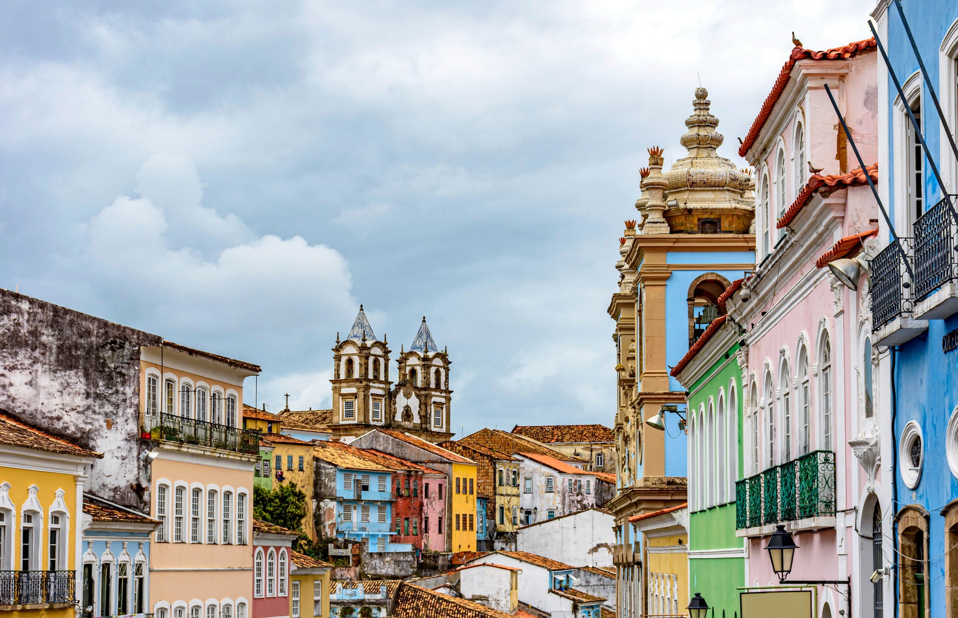 Houses And Antique Church Towers In Baroque And Colonial Style In Pelourinho, Salvador, Bahia
